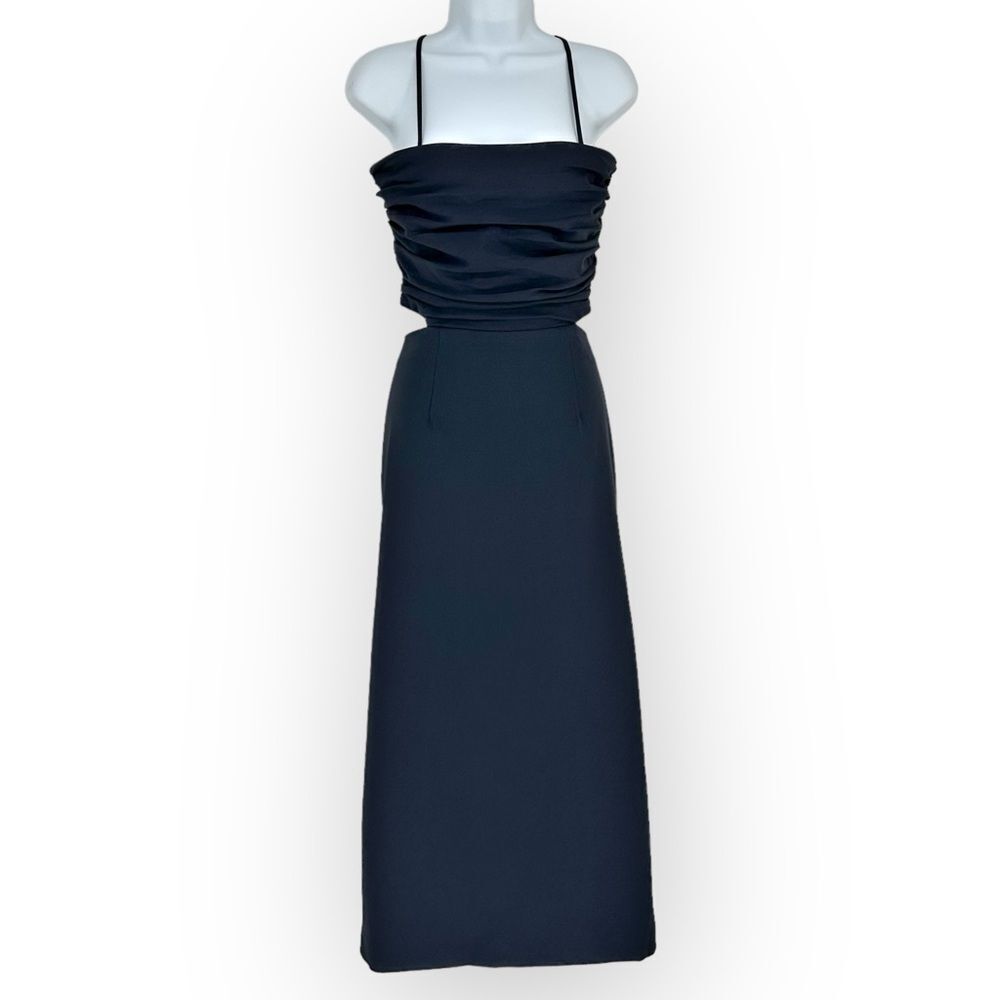 CINQ À SEPT NWT Judy Ruched Navy Backless Midi-Dress- size 12- sexy classic - Picture 2 of 13